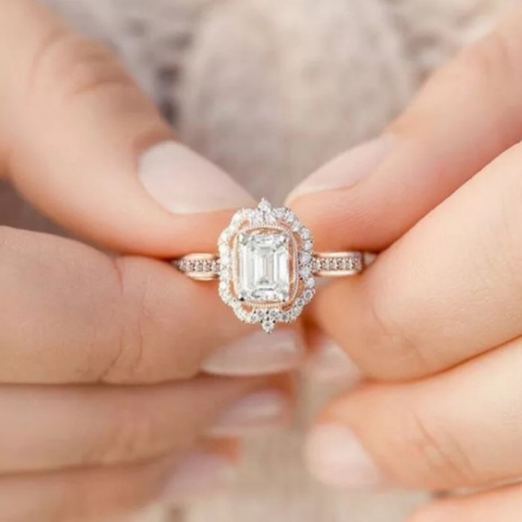 18K Strawberry Gold Diamond Halo Ring - Picture 2 of 5